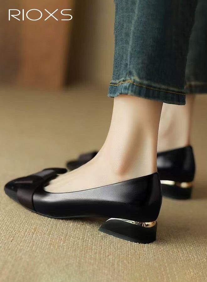 ريوكس حذاء ماري جين كلاسيكي مسطح للنساء، حذاء مسطح أنيق بمقدمة مربعة وكعب سميك ومزين بفيونكة فرنسية، تصميم مريح بكعب منخفض للسيدات، لون موحد متعدد الاستخدامات ومناسب للارتداء اليومي للمشي والعمل والمواعدة، أسود - Image 3